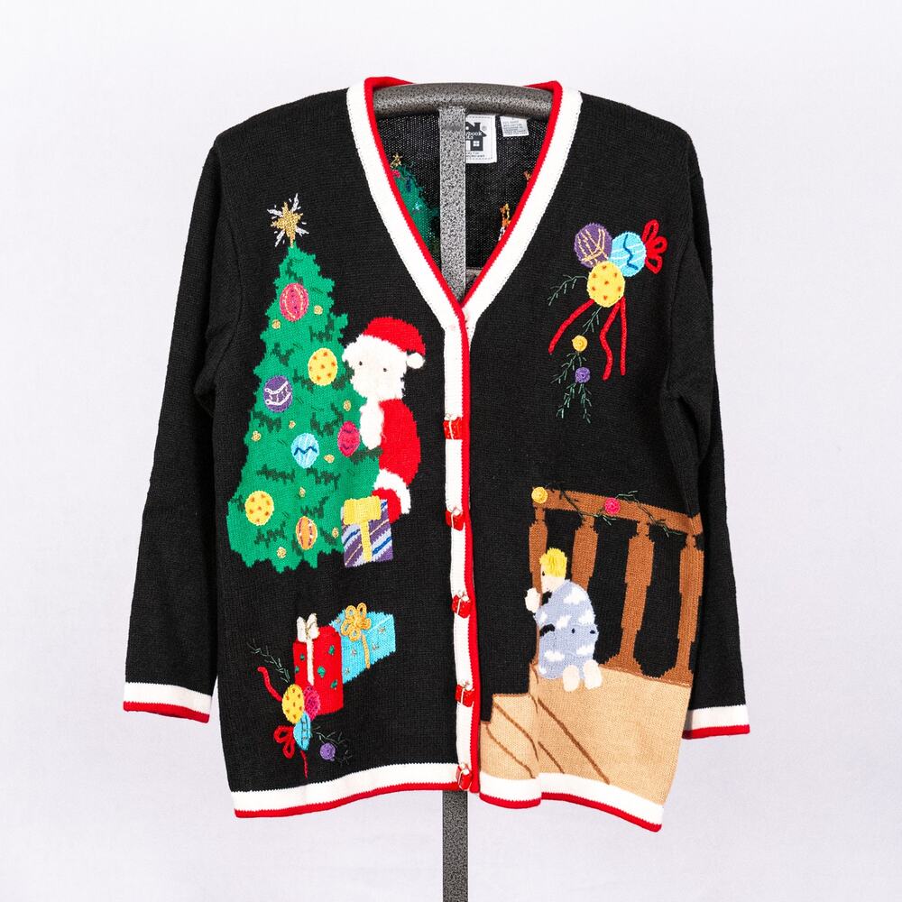 Vintage HSN Storybook Knits Christmas Cardigan Sweater SZ LARGE Santa Fireplace
